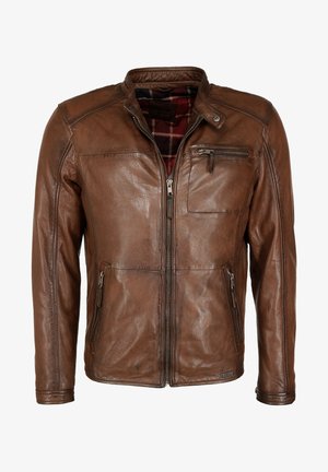 Veste en cuir marron avec fermeture éclair à l'avant, deux poches latérales et une poche sur la poitrine. L'intérieur est doublé en tartan. Texture lisse, coupe ajustée.