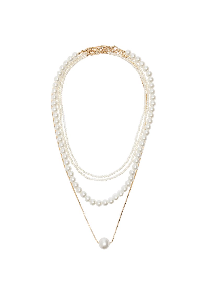 Wielowarstwowy naszyjnik z okrągłymi białymi perłami i łańcuszkiem w kolorze złotym. Różne długości z wyraźnym centralnym detalem w postaci perły.