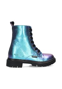 Holografische enkellaarsjes met een glanzende blauwe en paarse afwerking, zwarte veters en een textuur rubberen zool. Heeft een aantreklip aan de hiel.