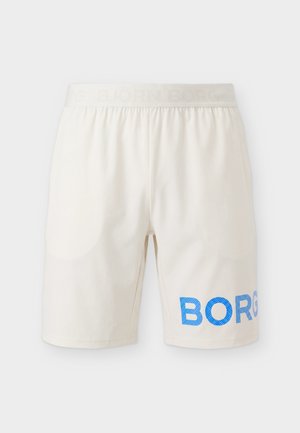 Krémfehér elasztikus derékú rövidnadrág, alsó bal lábszáron nagy kék "BORG" felirattal, könnyű anyagból készült.