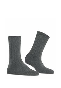 Graue gerippte Socken mit einem mittelhohen Design, die eine glatte Textur und elastische Bündchen für einen sicheren Sitz aufweisen.