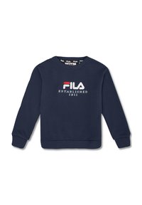Sudadera azul marino de algodón, con cuello redondo, mangas largas, puños acanalados y el logo "FILA Established 1911" en blanco y rojo.