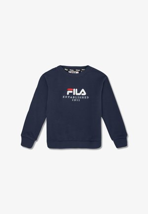 Sudadera azul marino de algodón, con cuello redondo, mangas largas, puños acanalados y el logo "FILA Established 1911" en blanco y rojo.