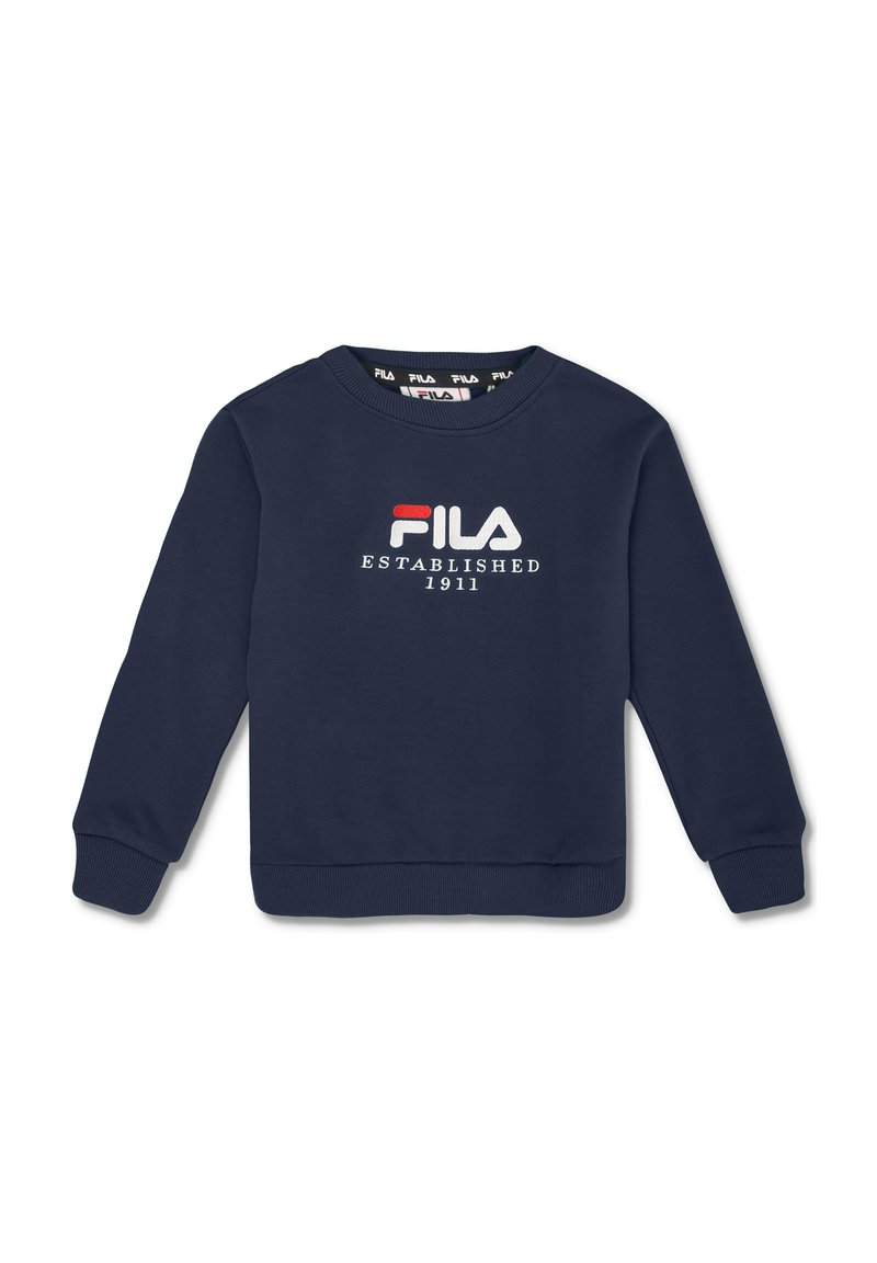 Sudadera azul marino de algodón, con cuello redondo, mangas largas, puños acanalados y el logo "FILA Established 1911" en blanco y rojo.