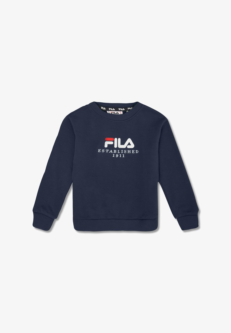 Sudadera azul marino de algodón, con cuello redondo, mangas largas, puños acanalados y el logo "FILA Established 1911" en blanco y rojo.