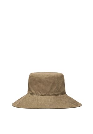 Khaki bøttehat lavet af tekstureret stof. Har en bred, blød skygge og en struktureret, cylindrisk krone. Minimalistisk design.