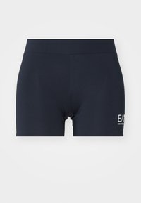 Pantalones cortos deportivos color azul marino, confeccionados en una tela elástica, que cuentan con una cinturilla alta y un pequeño logotipo blanco en el lado izquierdo. Textura suave.