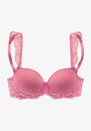 Pink padded bra with lace trim on straps and band, featuring a small bow detail at the center front.