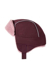 Bordeaux wintermuts met een roze, bontvoering, versterkte rand, oorkleppen en een bevestigingsriem. Heeft een zachte textuur en duurzaam materiaal.