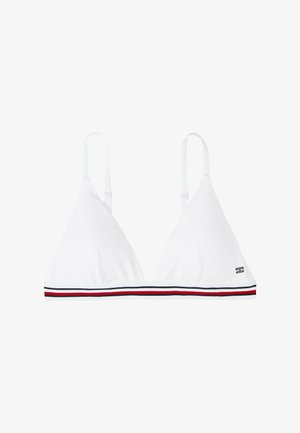 Top de bikini blanco en forma de triángulo con finas tirantes ajustables y una banda horizontal de rayas en rojo y azul marino en la parte inferior.