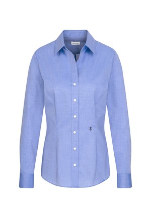Chemise bleu clair à manches longues en tissu texturé, avec un col classique, des boutons sur le devant et un petit motif de rose noire brodé.