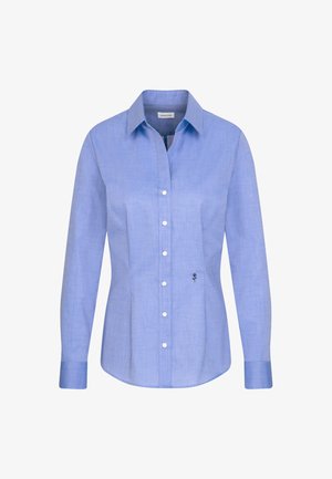 Camicia azzurro chiaro a maniche lunghe realizzata in tessuto testurizzato, dotata di colletto classico, bottoni frontali e un piccolo ricamo di una rosa nera.