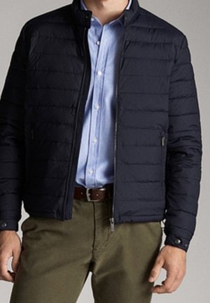Mann trägt eine marineblaue gesteppte Jacke über einem hellblauen Hemd mit Knöpfen und olivgrüne Hose mit braunem Gürtel.