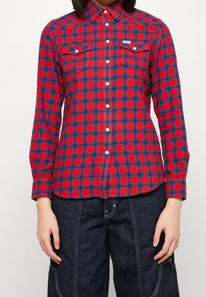 Rood-blauw geruit overhemd met knopen, gedragen met donkerblauwe spijkerbroek, voorkant zichtbaar van schouders tot heupen, handen langs het lichaam.