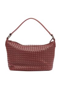 Borsa a tracolla in pelle intrecciata di colore bordeaux, con una forma arrotondata e una tracolla piatta. La texture presenta un motivo a croce.