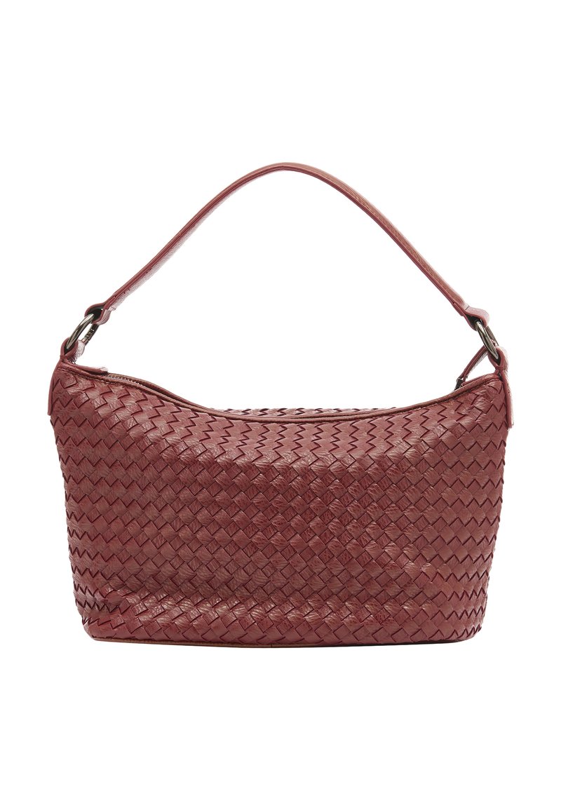 Burgundi színű, szőtt bőr kézitáska, kerek formával és lapos vállpánttal. A textúra keresztbe fonott mintázatot mutat.