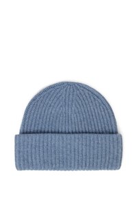 Strickmütze aus weicher blauer Wolle mit geripptem Design und umgeschlagenem Saum am unteren Rand. Glattes, abgerundetes Oberteil.