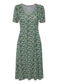 Robe à manches courtes en tissu léger avec un motif floral vert, bleu et jaune sur fond gris ; encolure en V et ourlet évasé.