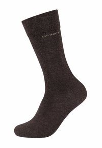 Braune Socke aus weichem, strukturiertem Material; verfügt über einen gerippten oberen Rand und einen glatten Körper, mit einem Logo im Knöchelbereich.