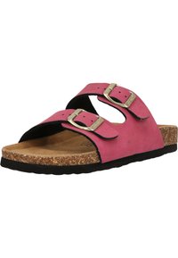 Roze suède sandalen met twee verstelbare banden, gouden gespen, kurken voetbed en zwarte rubberen zool.