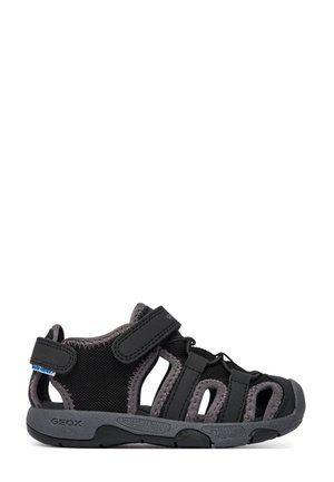 Sandalo chiuso per bambini nero e grigio con cinturini in Velcro e pannelli in mesh traspirante.