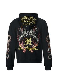 Felpa nera con cappuccio caratterizzata da audaci grafiche di due draghi e design di serpenti, con un testo logo giallo che recita "Don Ed Hardy" e "Los Angeles".