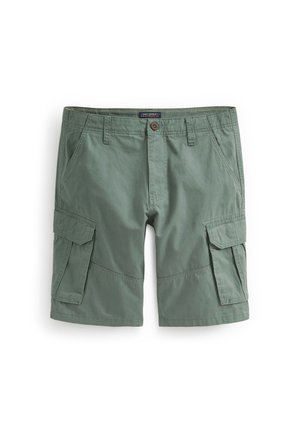 Green cotton cargo shorts featuring a classic fit, multiple side pockets, and a front button closure, with a smooth texture and no patterns.