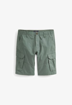 Groene katoenen cargoshorts met een klassieke pasvorm, meerdere zijzakken en een voorgesloten knoop, met een gladde structuur en geen patronen.
