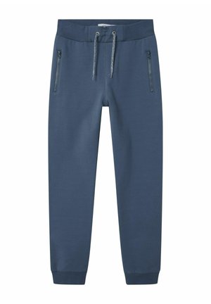 Dunkelblaue Sweatpants mit einem Kordelzugbund, ausgestattet mit zwei Reißverschlusstaschen und gerippten Bündchen. Hergestellt aus einem weichen, glatten Stoff.