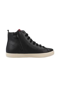 Czarne skórzane sneakersy typu high-top o gładkim wykończeniu, z kontrastującą białą podeszwą, sznurowanym przodem oraz bocznym zamkiem.
