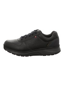 Zapato de cuero negro con diseño perforado, cierre de cordones, cuello acolchado y suela de goma texturizada. Presenta la marca Joya y acentos mínimos.