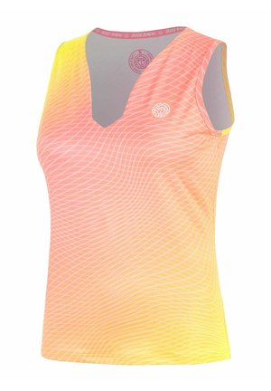 Ärmelloses Sporttop mit Farbverlauf von Pink zu Gelb und dezentem Wellenmuster, mit kleinem rundem Logo auf der Brust.