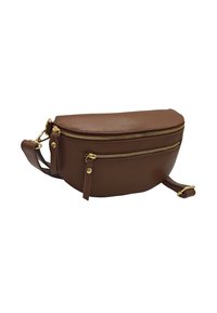 Sac à bandoulière en cuir marron avec une forme arrondie, deux zips dorés et une sangle détachable. Surface texturée avec un motif subtil.