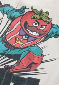 Graphic of a cartoon tomato character with a mustache, wearing a colorful outfit featuring shades of red, teal, and purple, with a pizza accent.
