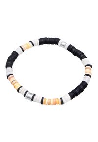 Bracciale di perline colorate realizzato in gomma e ceramica, caratterizzato da accenti alternati di nero, bianco, arancione e argento, con una superficie liscia.