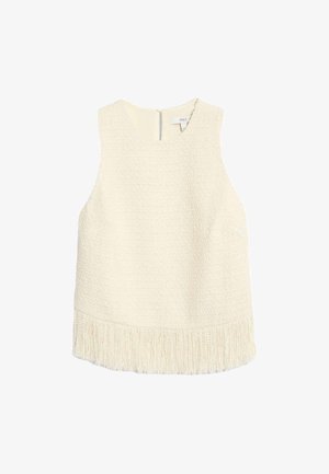 Haut sans manches ivoire avec un tissage texturé et des détails à franges sur l'ourlet. Caractéristiques : encolure ronde et fermeture à zip dans le dos.