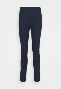 Pantalones de corte slim de color azul marino oscuro con cintura media y piernas rectas, mostrados sobre un fondo blanco.