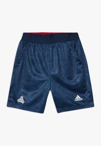 Marinblå atletshorts med ett subtilt präglat mönster, resårmidja, sidofickor och vit logotyp på vänster ben.