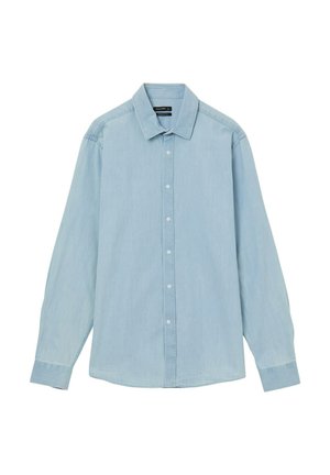 Light blue long-sleeve button-up shirt with a collared neckline. Made of a smooth, lightweight fabric, featuring a subtle texture and full-length sleeves.
