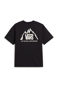 Černé bavlněné tričko s bílou grafikou hory a textem "VANS OFF THE WALL EXPLORATION" na zadní straně. Krátké rukávy, kulatý výstřih.