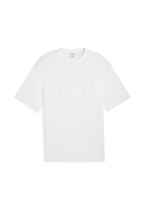 White cotton t-shirt with a relaxed fit, featuring a raised "Turbo" text design on the front. Short sleeves and a crew neck.