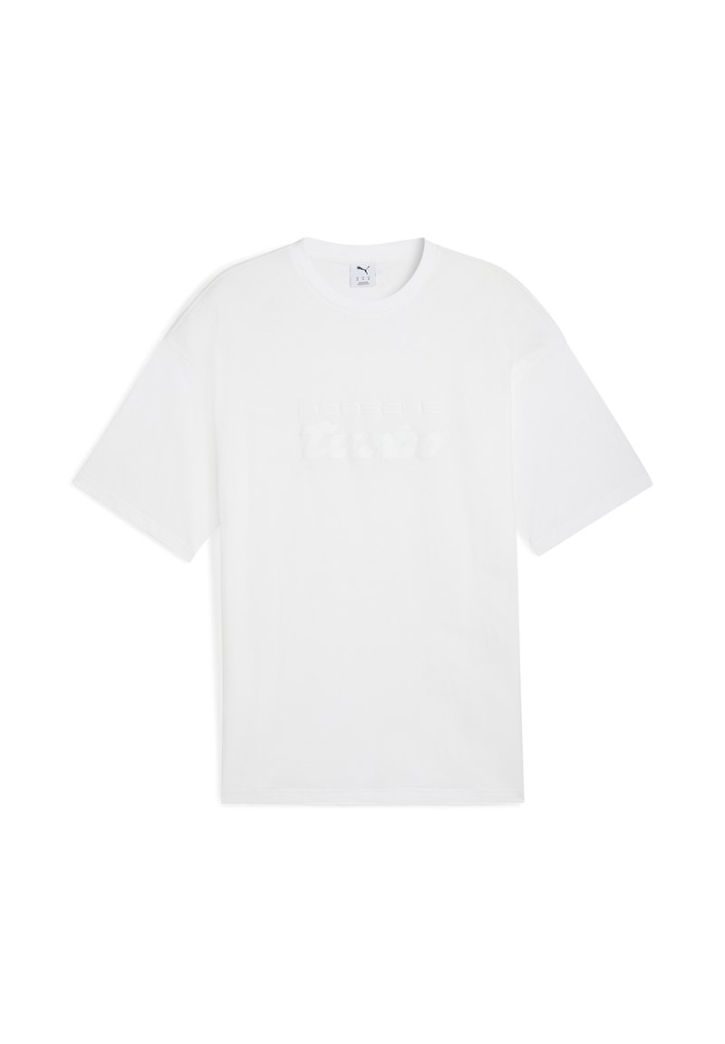 Hvid bomulds T-shirt med en afslappet pasform, med en forhøjet "Turbo" tekstdesign på fronten. Korte ærmer og rund hals.
