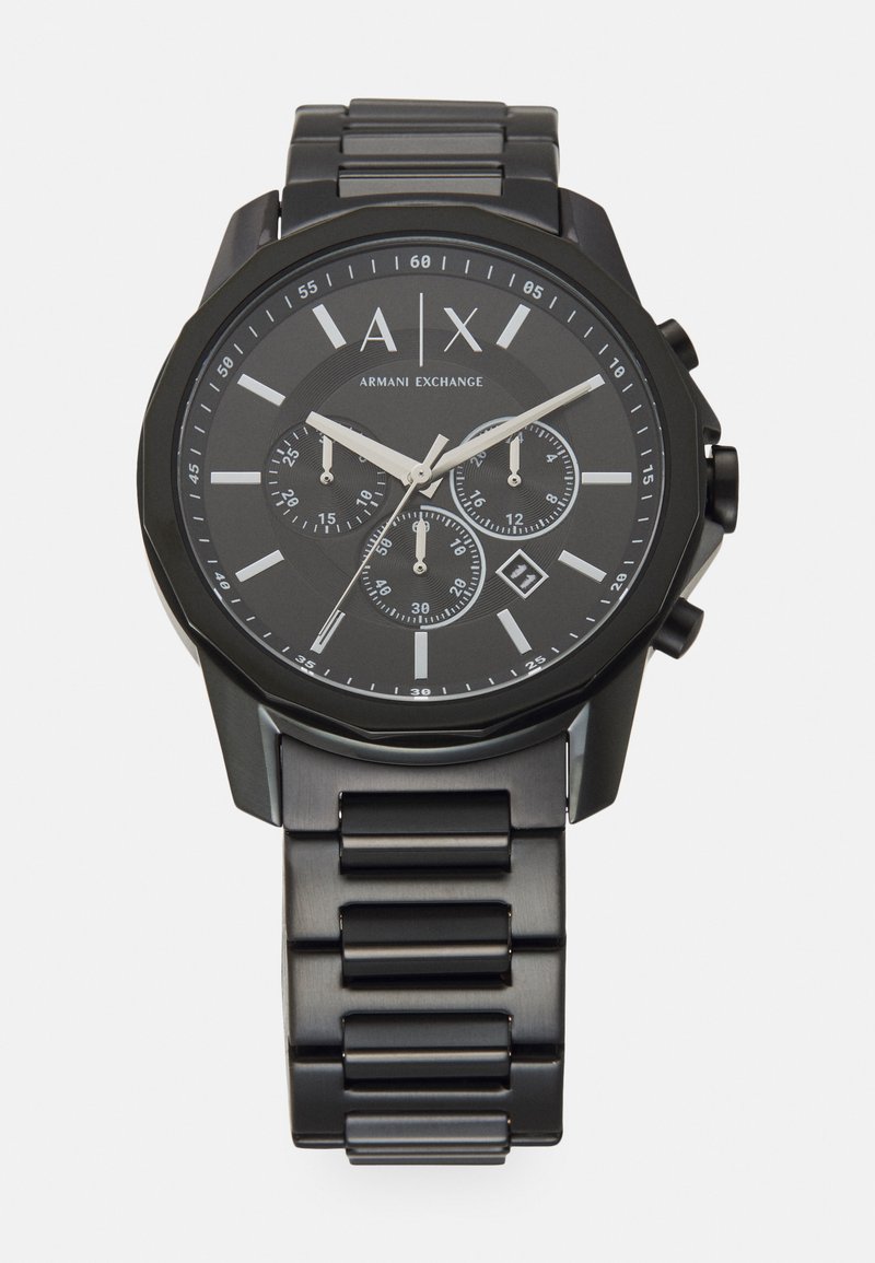 Orologio cronografo in acciaio inossidabile nero con quadrante rotondo, tre quadranti secondari, indicatori delle ore bianchi minimali e bracciale a maglie testurizzate.