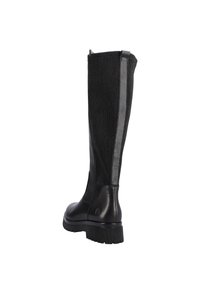 Bottes noires montantes en cuir lisse et en tissu côtelé. Le design présente une finition texturée et une semelle robuste et striée.
