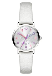 Zilveren ronde horloge met een glinsterende witte band. De wijzerplaat heeft roze en paarse cijfers, sterrenmotieven, en kristalaccenten.
