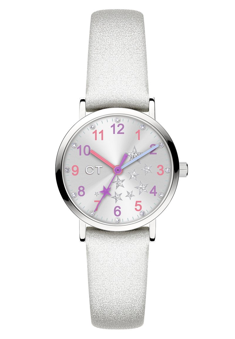 Zilveren ronde horloge met een glinsterende witte band. De wijzerplaat heeft roze en paarse cijfers, sterrenmotieven, en kristalaccenten.