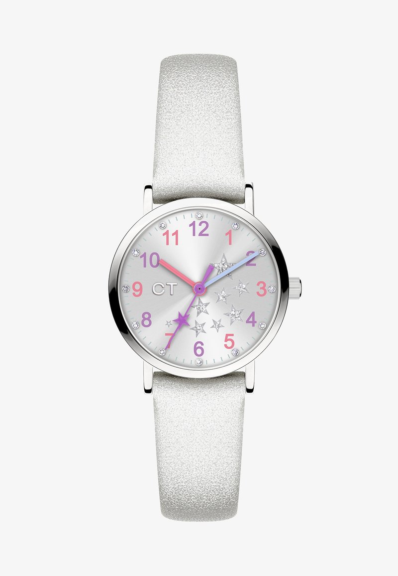 Silver round watch with a glittery white strap. Dial features pink and purple numbers, star motifs, and crystal accents.