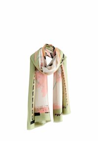 Light green scarf featuring abstract pink, black, and blue patterns. Soft fabric with frayed edges, draped in a looped style.