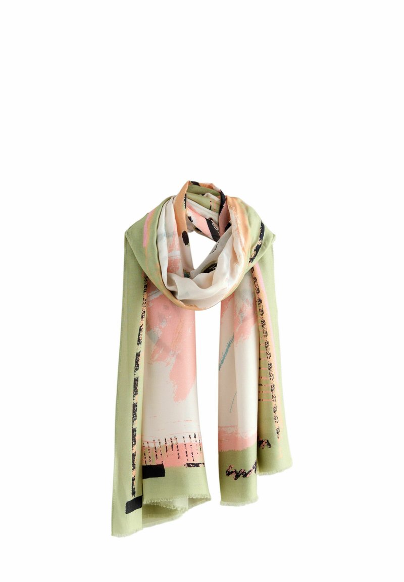 Light green scarf featuring abstract pink, black, and blue patterns. Soft fabric with frayed edges, draped in a looped style.
