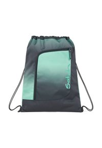 Kordelzug-Rucksack in Schwarz und Türkis Ombre, mit einer seitlichen Reißverschlusstasche und Logo-Detail, aus strapazierfähigem, strukturiertem Stoff gefertigt.